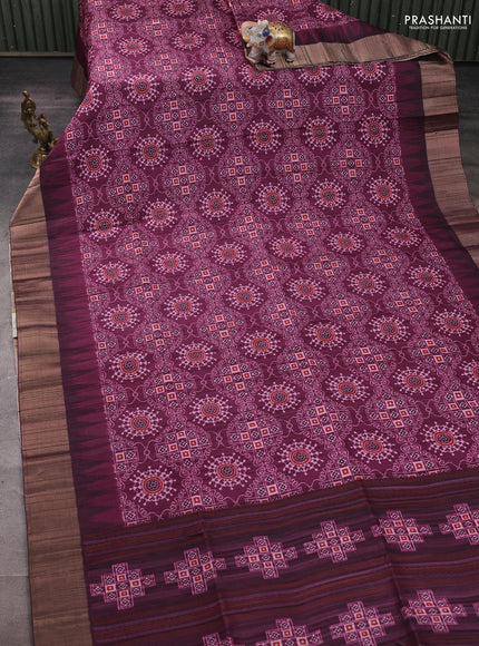 Semi matka saree wine shade and deep purple with allover patola prints and zari woven border