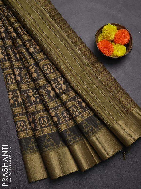 Semi matka saree mehendi green and olive green with allover patola prints and zari woven border
