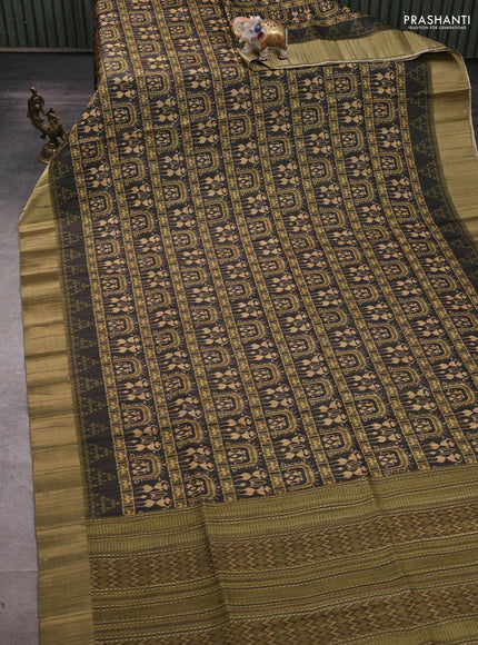 Semi matka saree mehendi green and olive green with allover patola prints and zari woven border