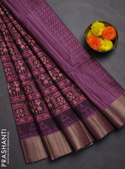 Semi matka saree coffee brown and pink with allover patola prints and zari woven border