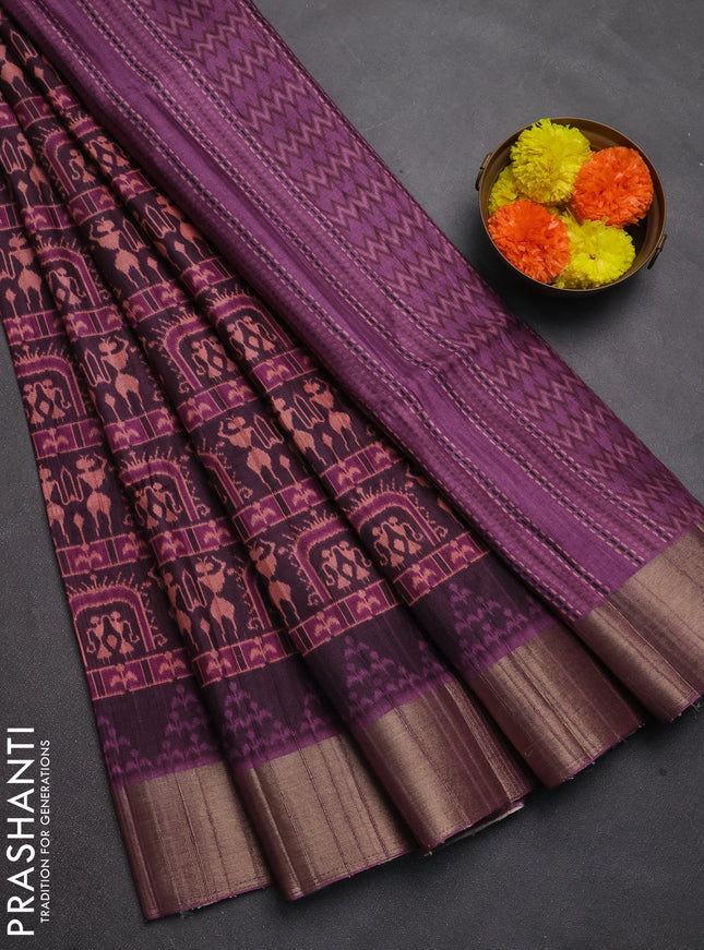 Semi matka saree coffee brown and pink with allover patola prints and zari woven border