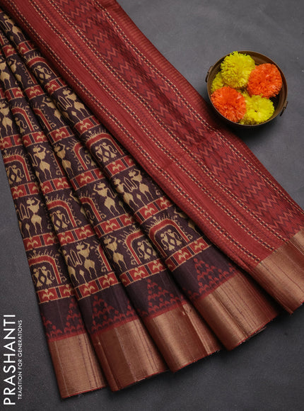 Semi matka saree coffee brown and maroon with allover patola prints and zari woven border