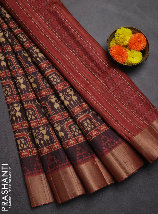 Semi matka saree coffee brown and maroon with allover patola prints and zari woven border