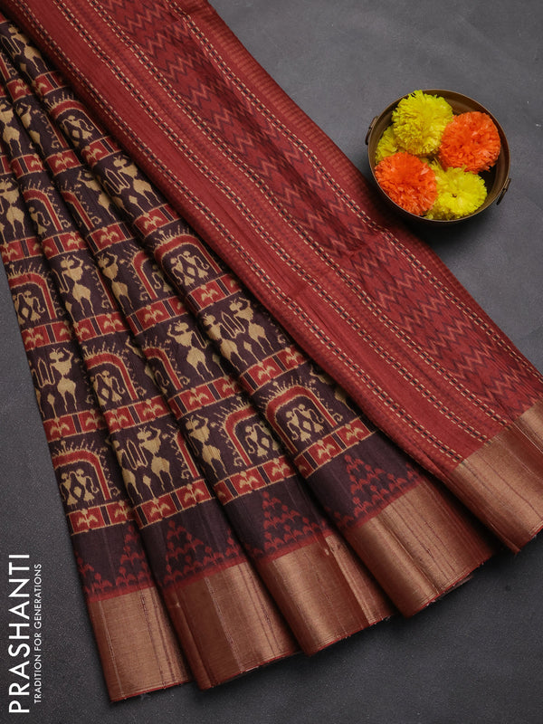 Semi matka saree coffee brown and maroon with allover patola prints and zari woven border