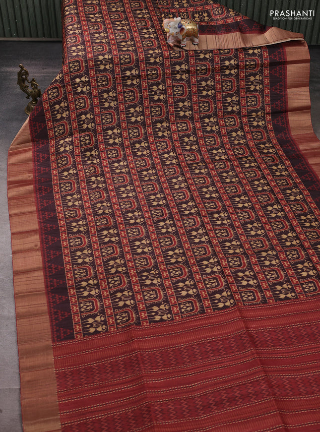Semi matka saree coffee brown and maroon with allover patola prints and zari woven border