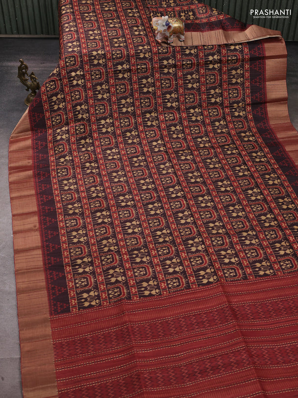 Semi matka saree coffee brown and maroon with allover patola prints and zari woven border