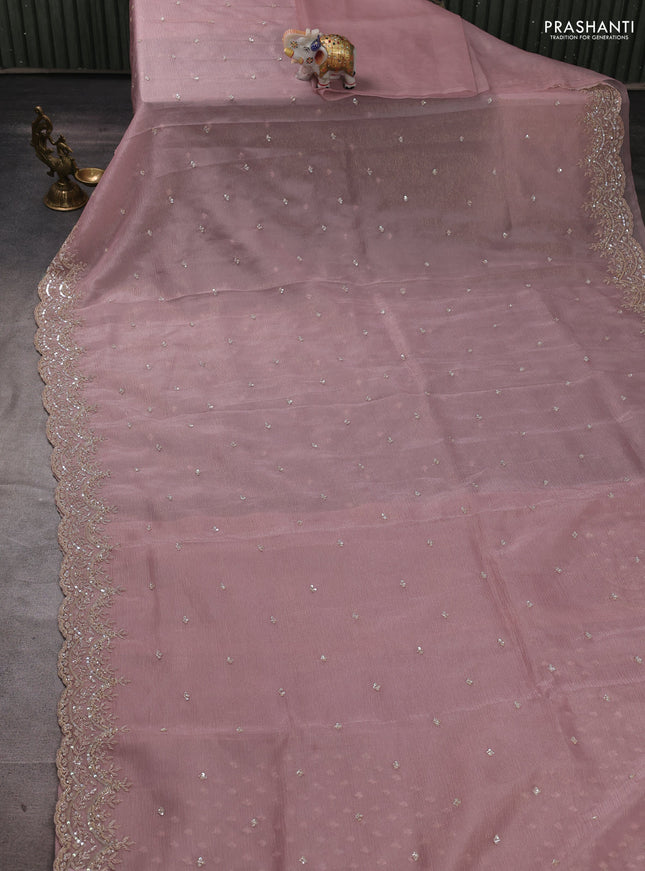 Crush tissue silk saree pastel pink with cut beads & sequin embroidery work