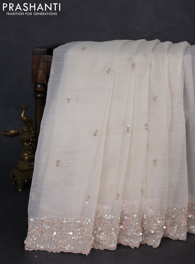 Crush tissue silk saree cream with cut beads & sequin embroidery work