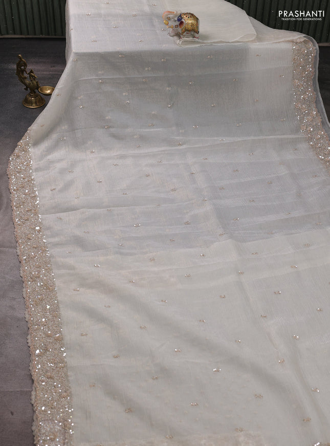 Crush tissue silk saree cream with cut beads & sequin embroidery work