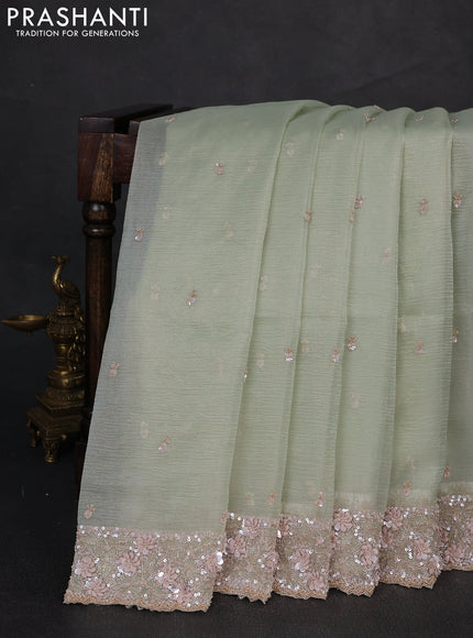 Crush tissue silk saree pista green with cut beads & sequin embroidery work