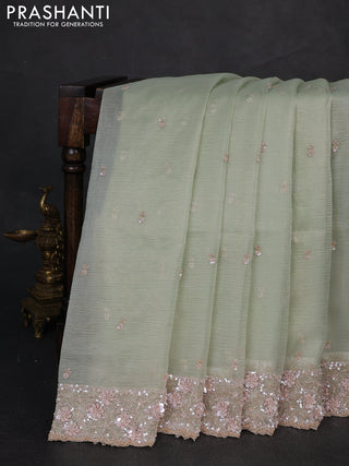 Crush tissue silk saree pista green with cut beads & sequin embroidery work