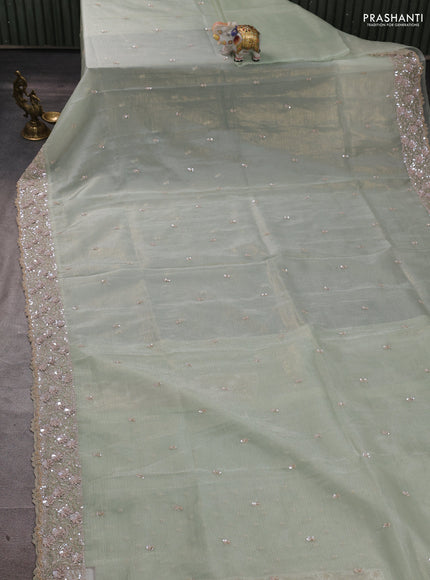 Crush tissue silk saree pista green with cut beads & sequin embroidery work