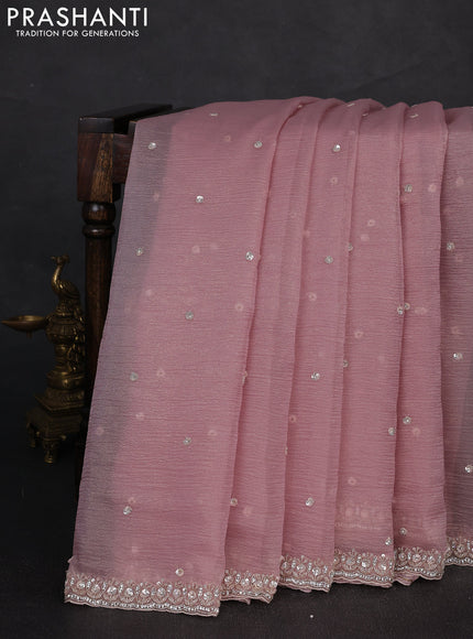 Crush tissue silk saree pastel pink with cut beads & sequin embroidery work
