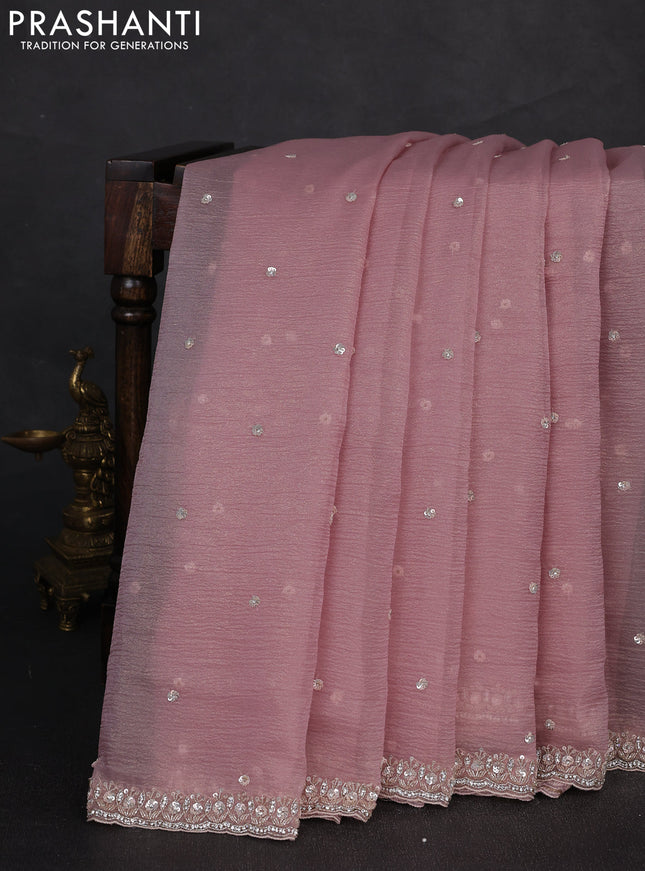 Crush tissue silk saree pastel pink with cut beads & sequin embroidery work
