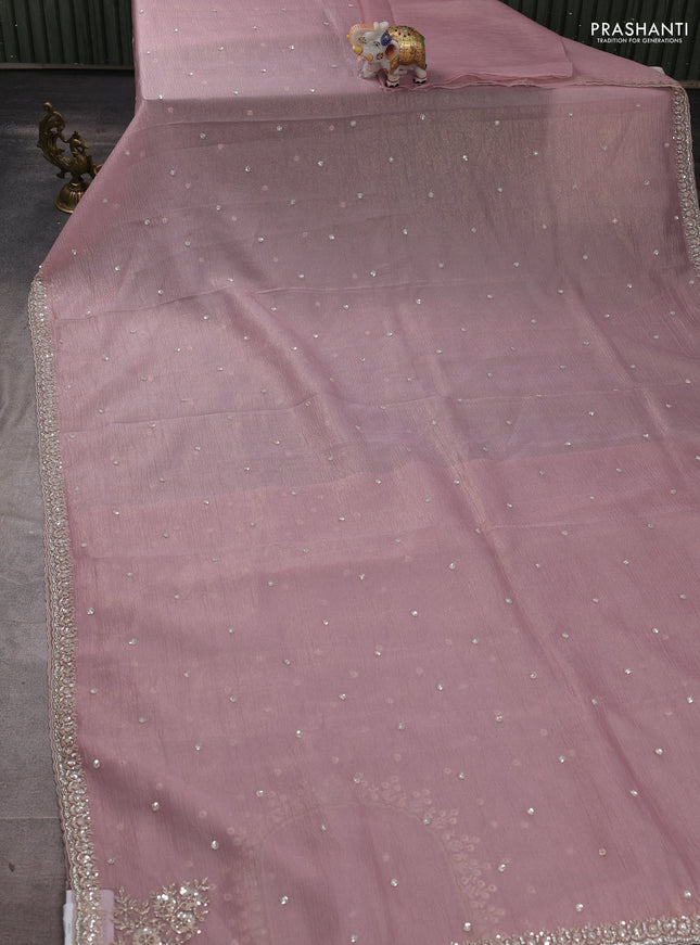 Crush tissue silk saree pastel pink with cut beads & sequin embroidery work