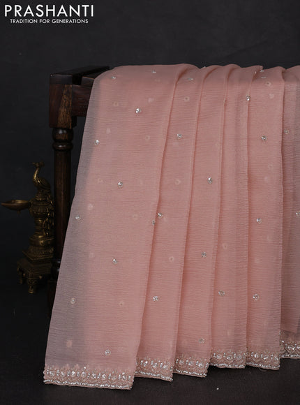 Crush tissue silk saree peach shade with cut beads & sequin embroidery work