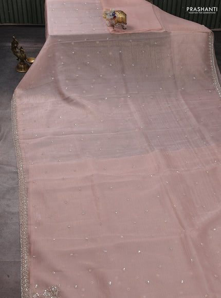 Crush tissue silk saree peach shade with cut beads & sequin embroidery work
