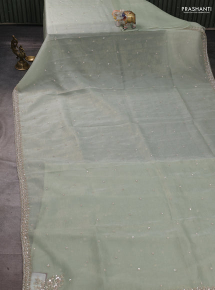 Crush tissue silk saree pista green with cut beads & sequin embroidery work