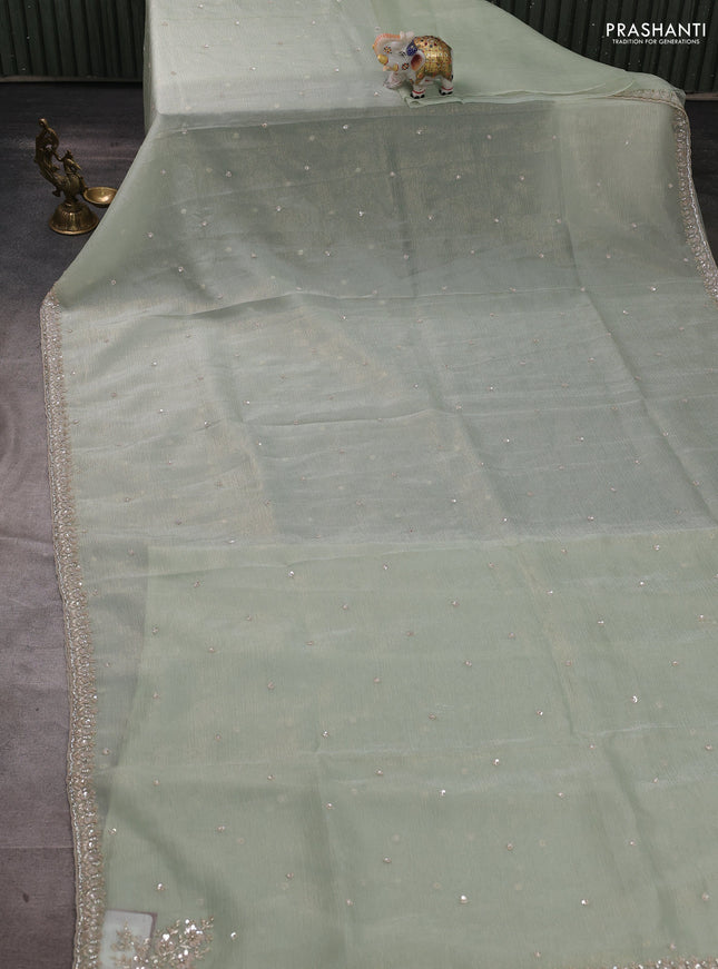 Crush tissue silk saree pista green with cut beads & sequin embroidery work