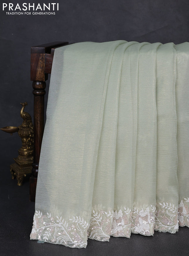 Crush tissue silk saree pista green with cut beads & sequin embroidery work