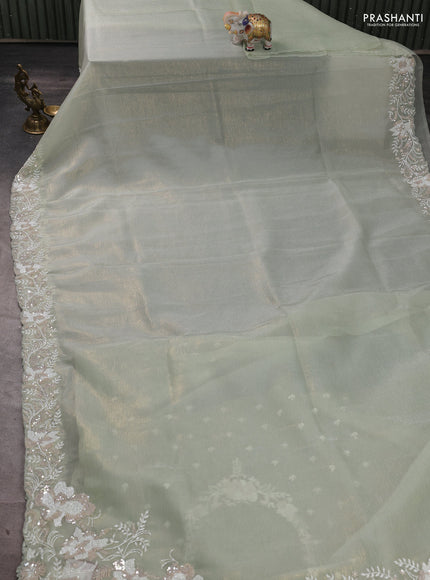 Crush tissue silk saree pista green with cut beads & sequin embroidery work