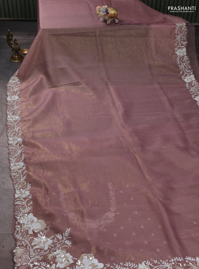 Crush tissue silk saree pastel pink with cut beads & sequin embroidery work