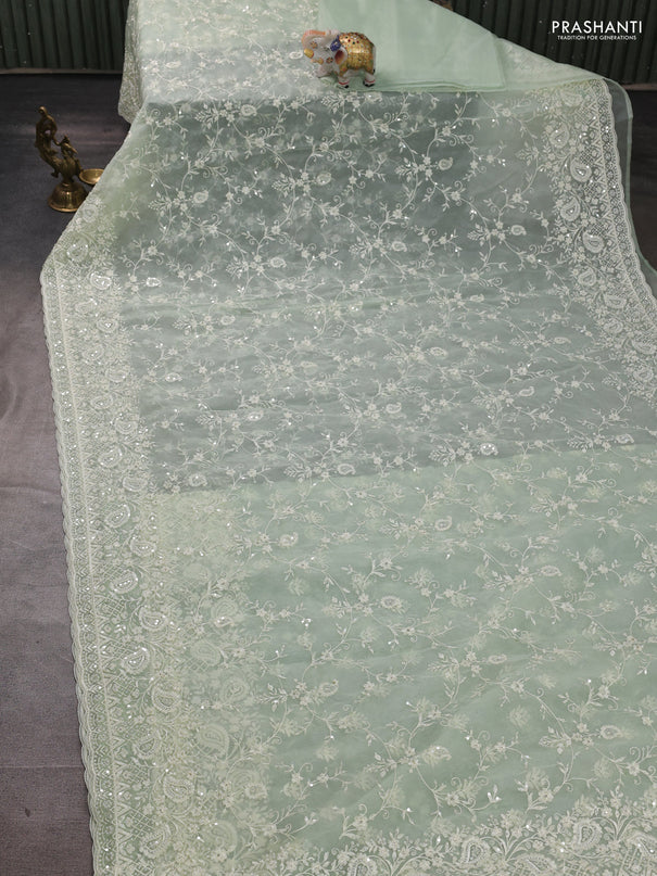 Organza Saree pista green with allover embroidery work