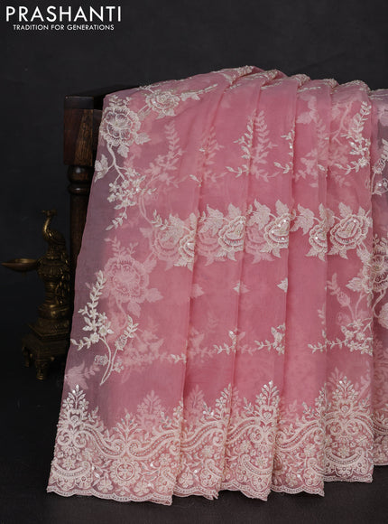 Organza Saree light pink with allover embroidery work