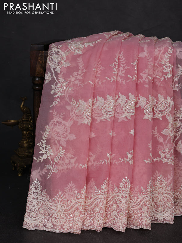 Organza Saree light pink with allover embroidery work