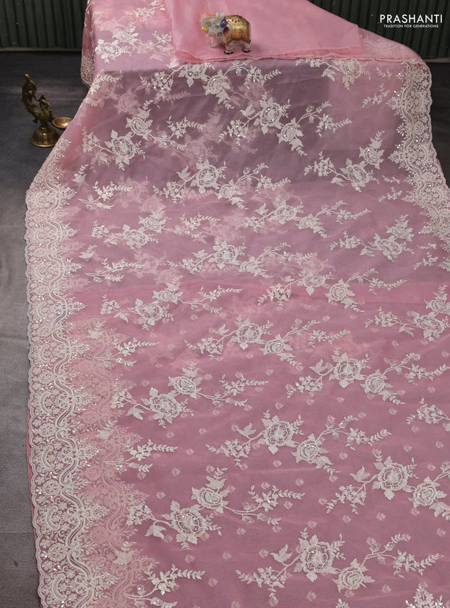Organza Saree light pink with allover embroidery work