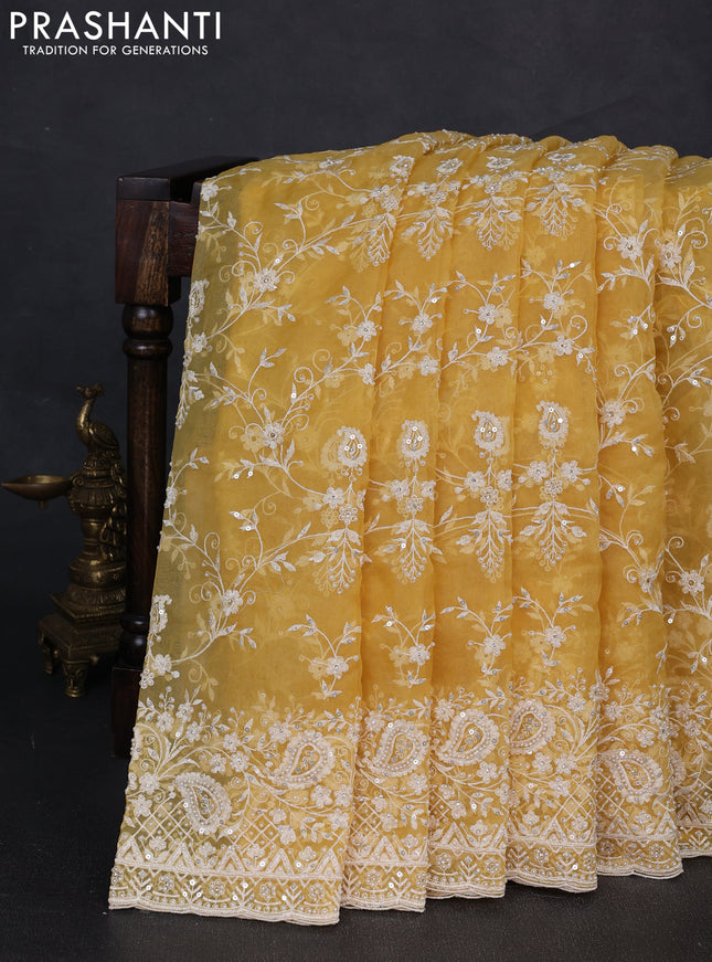 Organza Saree yellow with allover embroidery work