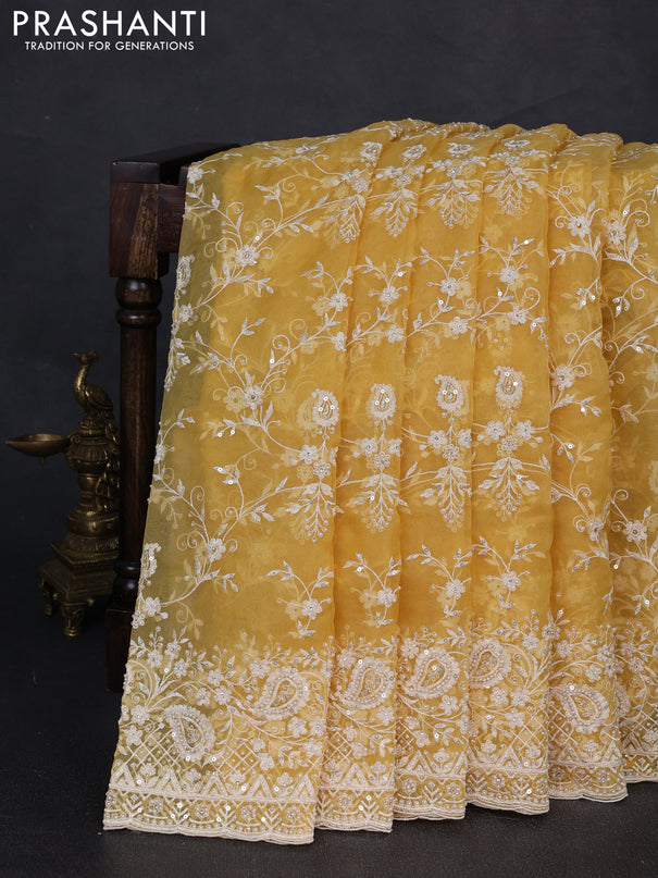 Organza Saree yellow with allover embroidery work
