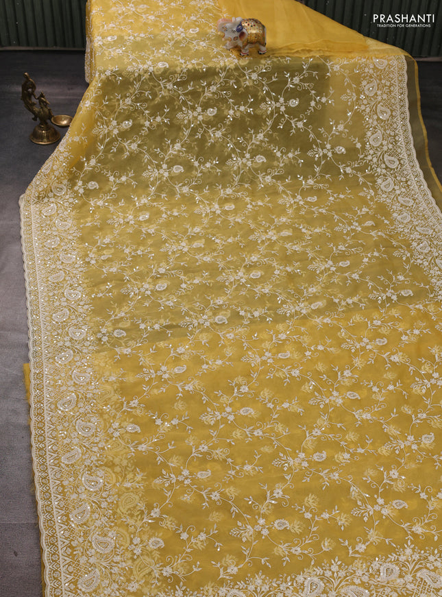 Organza Saree yellow with allover embroidery work