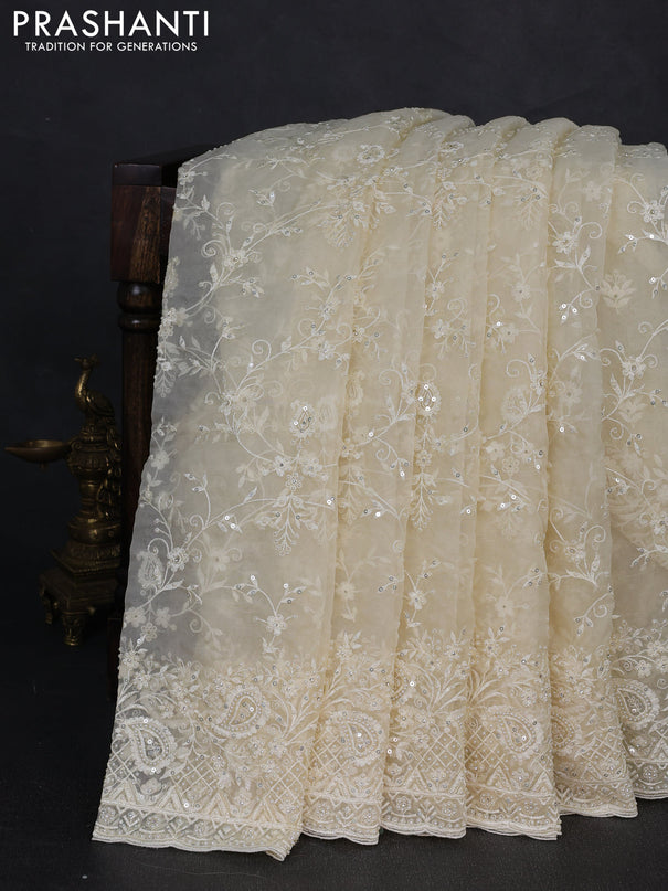 Organza Saree cream with allover embroidery work