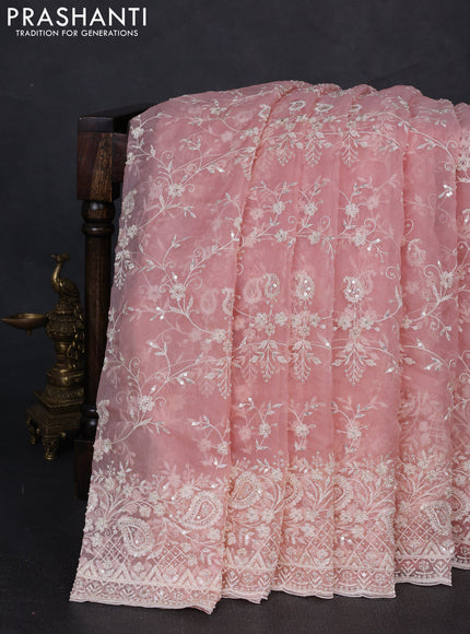 Organza Saree peach shade with allover embroidery work