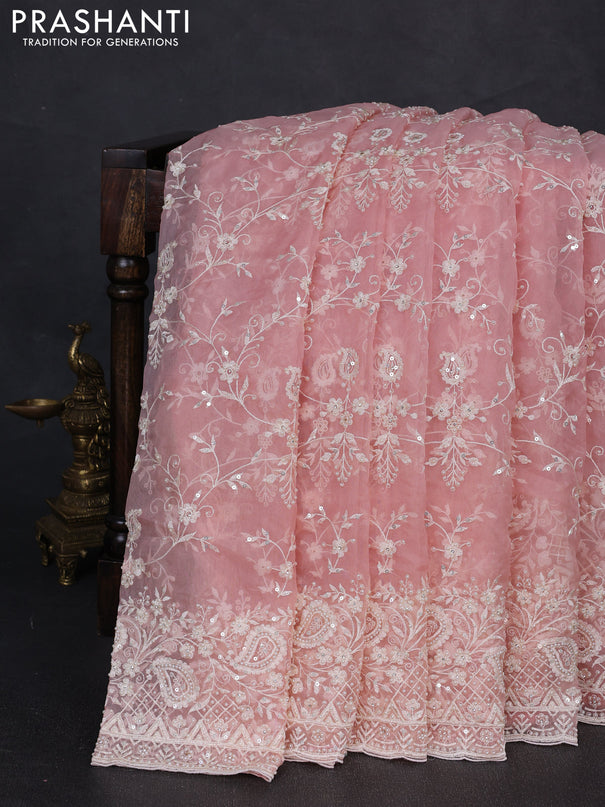 Organza Saree peach shade with allover embroidery work