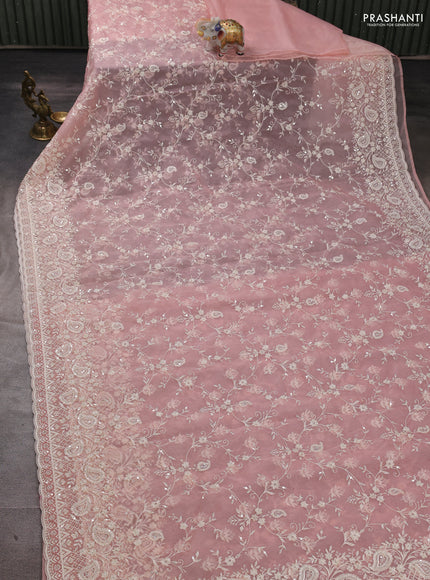 Organza Saree peach shade with allover embroidery work