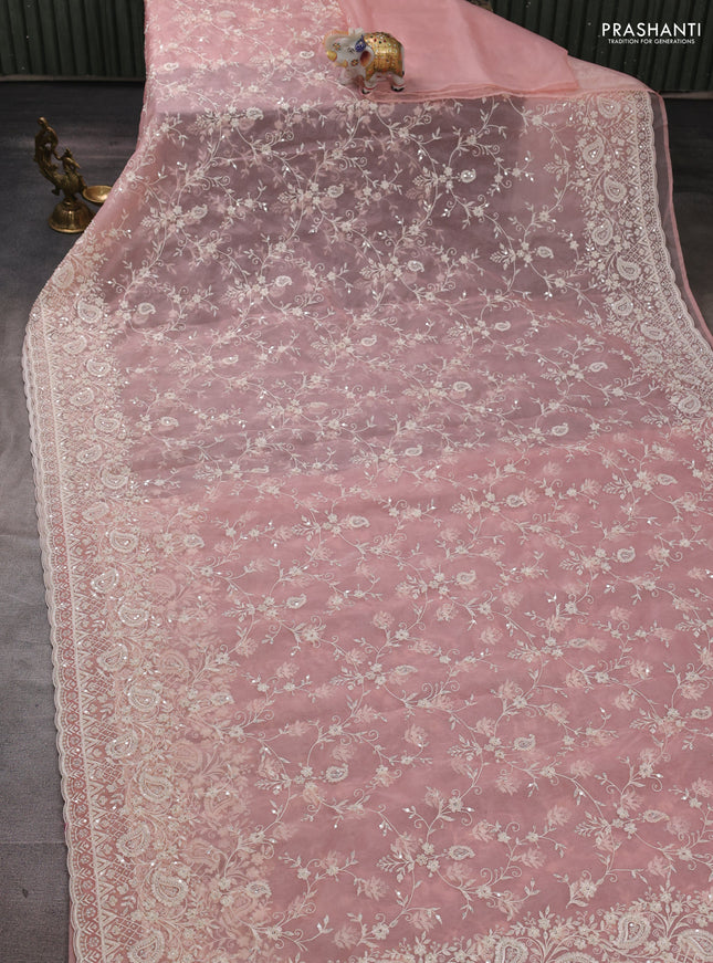 Organza Saree peach shade with allover embroidery work