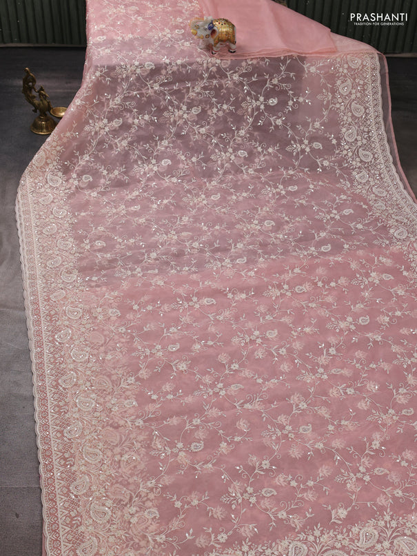 Organza Saree peach shade with allover embroidery work
