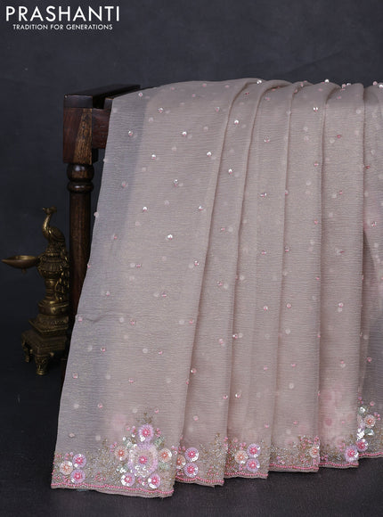 Crush tissue silk saree beige with cut beads & sequin embroidery work