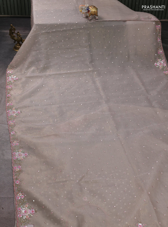 Crush tissue silk saree beige with cut beads & sequin embroidery work