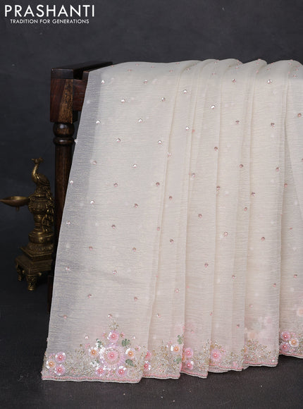 Crush tissue silk saree off white with cut beads & sequin embroidery work