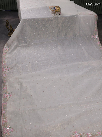 Crush tissue silk saree off white with cut beads & sequin embroidery work