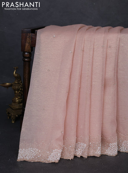 Crush tissue silk saree mild peach with cut beaded embroidery work