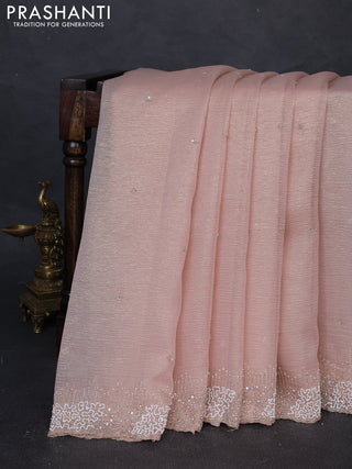 Crush tissue silk saree mild peach with cut beaded embroidery work