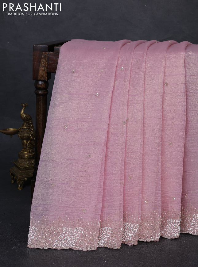 Crush tissue silk saree pastel pink with cut beaded embroidery work