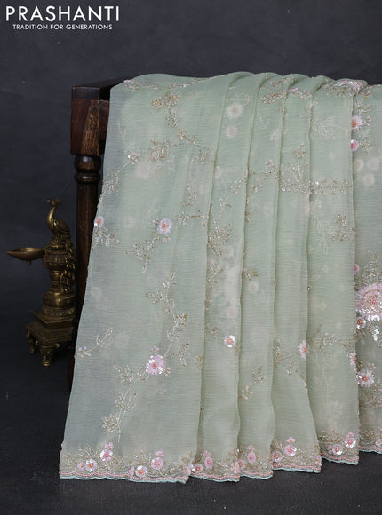 Crush tissue silk saree pista green with allover sequin embroidery work