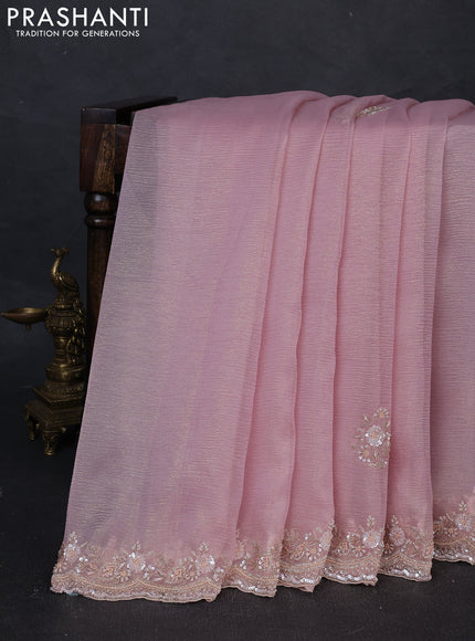Crush tissue silk saree light pink with cut beads & sequin embroidery work