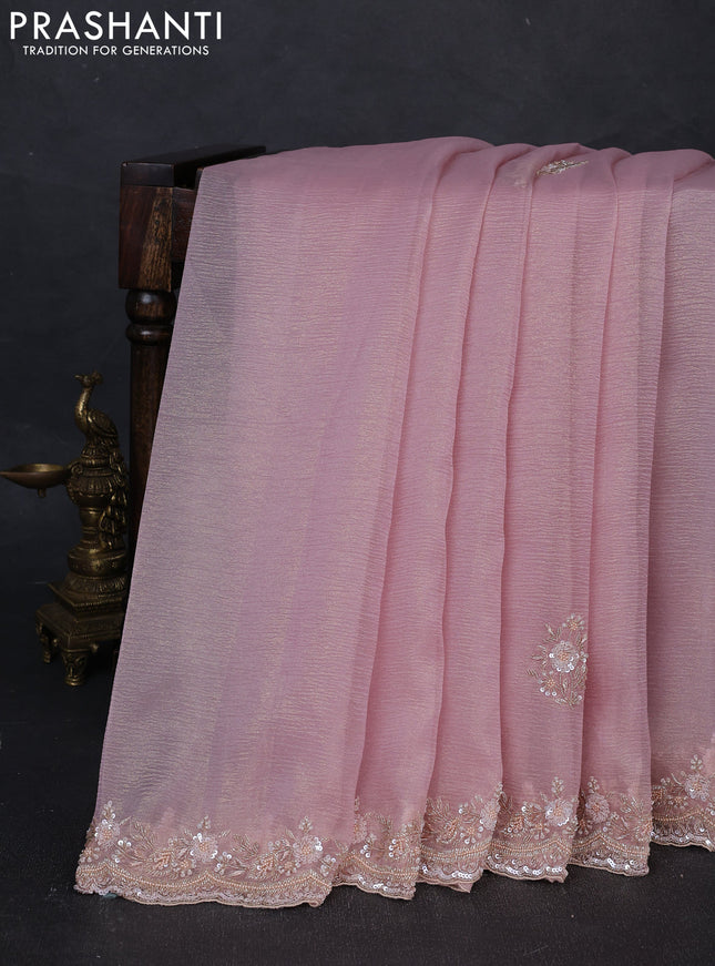 Crush tissue silk saree light pink with cut beads & sequin embroidery work