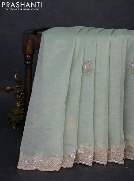 Crush tissue silk saree pista green with cut beads & sequin embroidery work